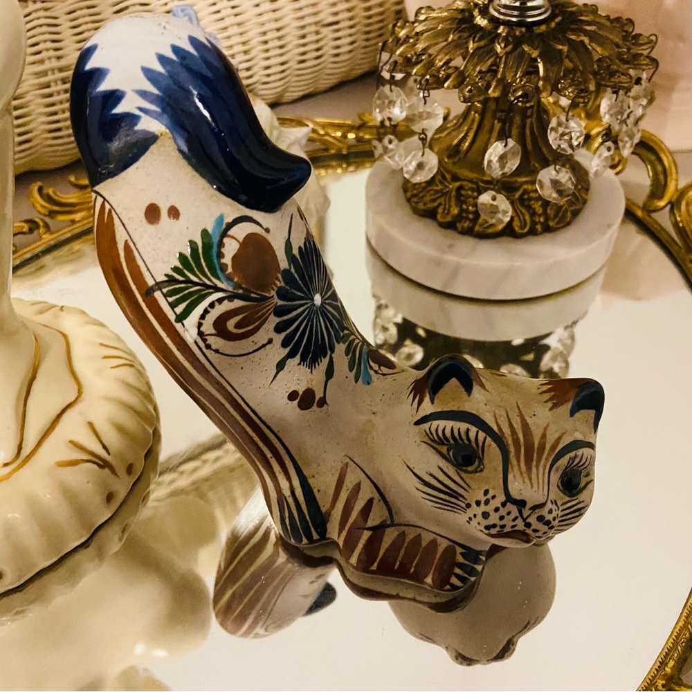 Vintage Folk Art Tonala Mexican Pottery Stretching Cat Figure Signed